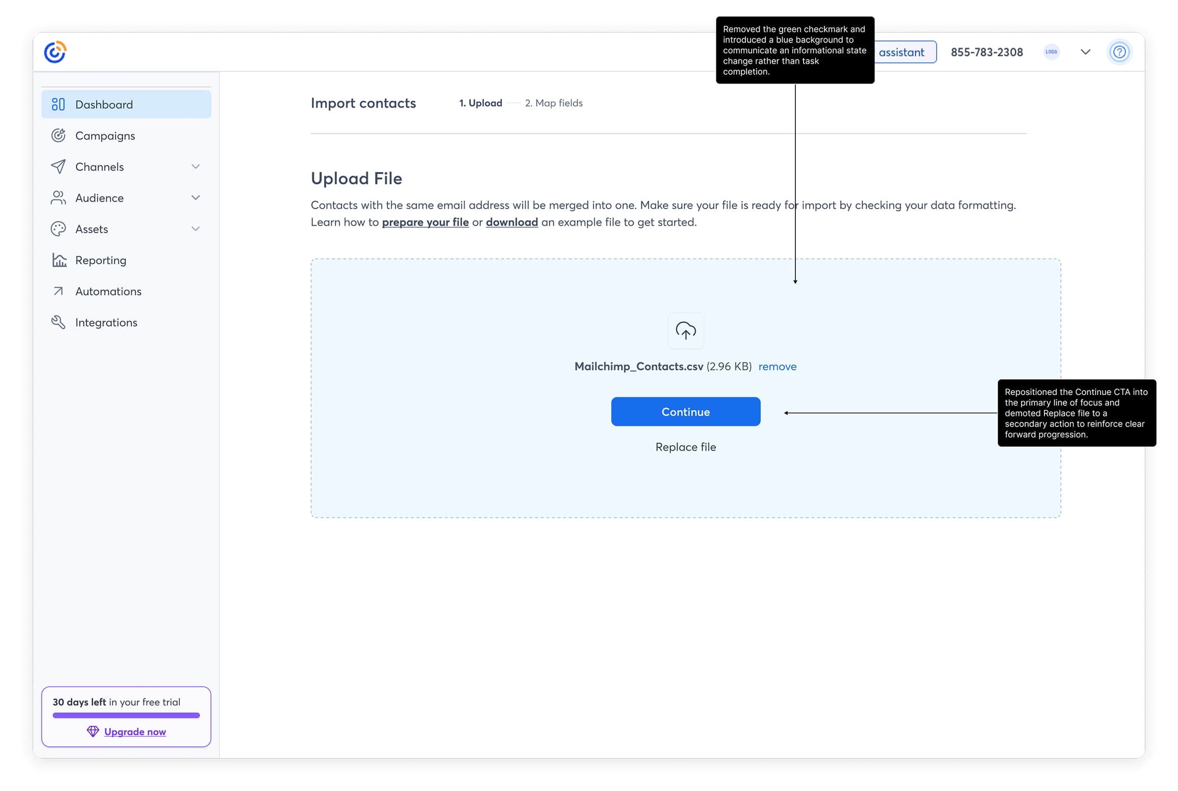 Redesigned post-upload confirmation screen with clear success state and next steps