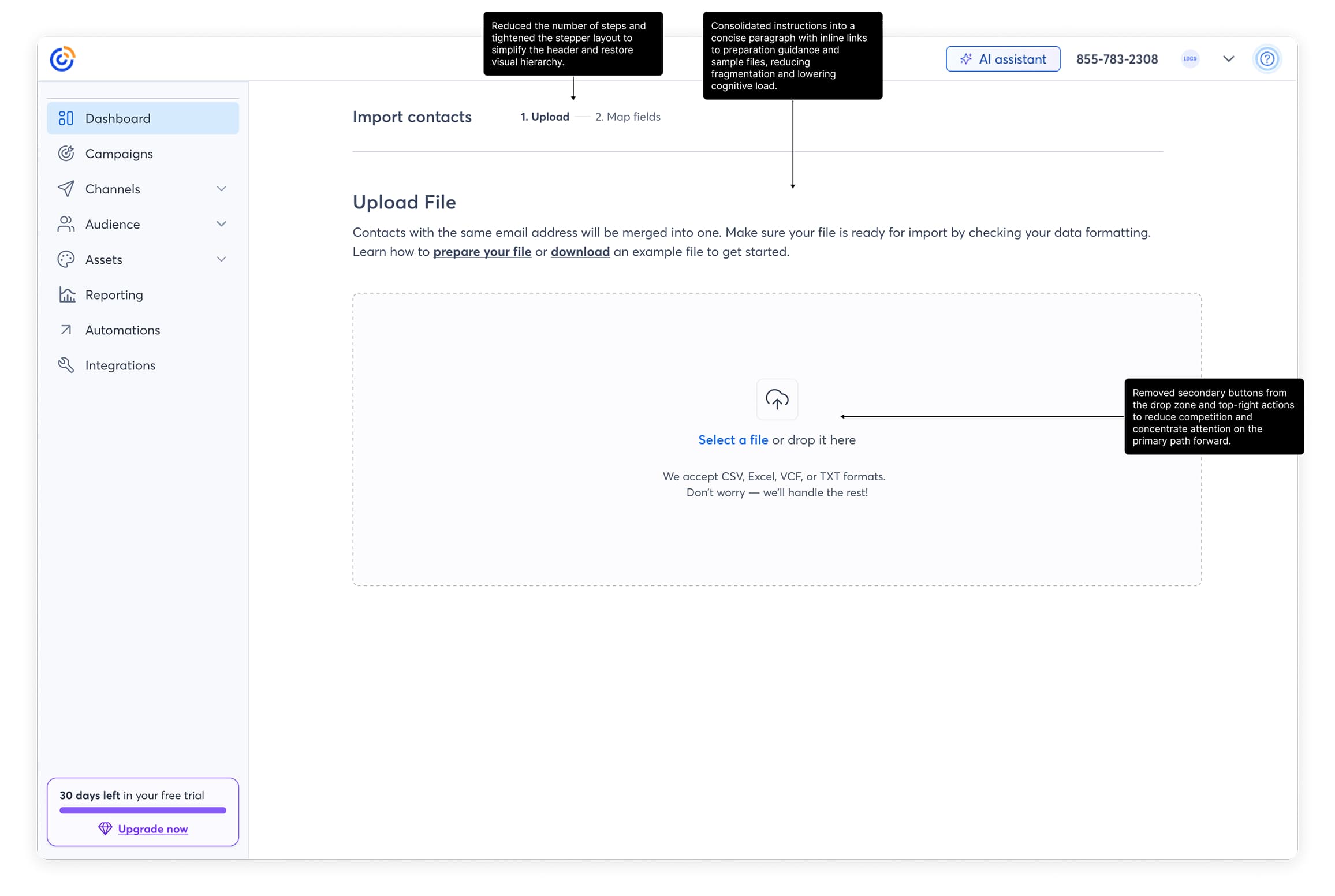 Redesigned upload screen with clear next step and prominent primary action