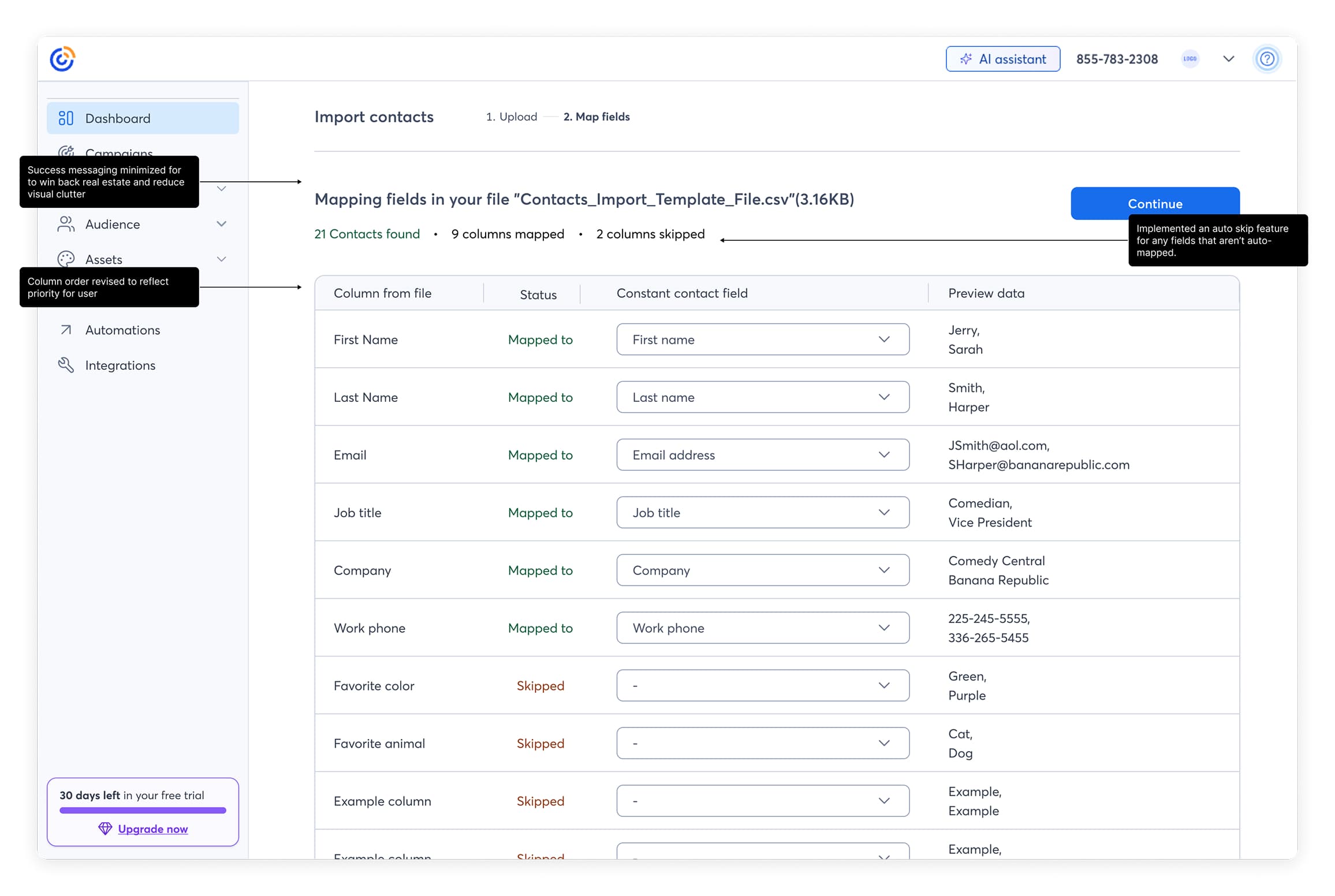 Redesigned field mapping interface with simplified layout and inline contextual guidance